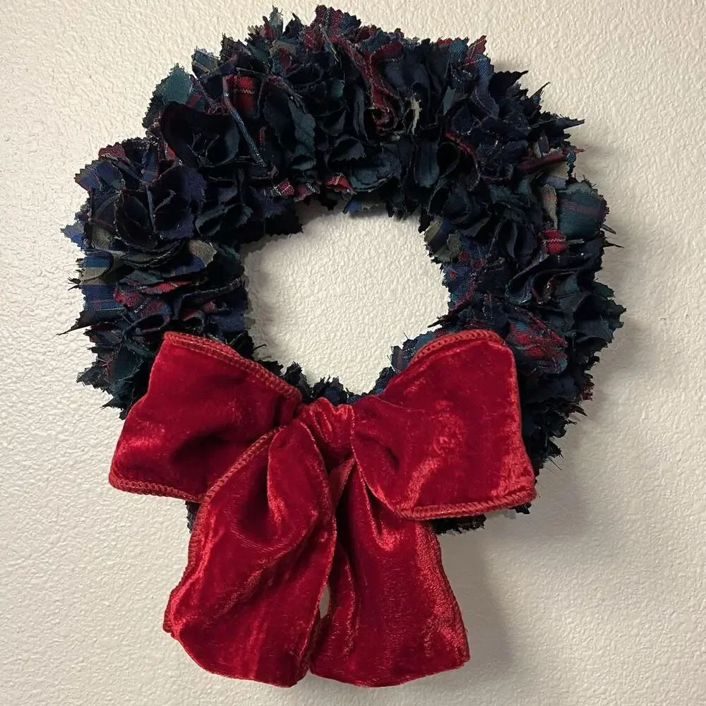 Handmade Pendleton Wool Shirt Wreath 12” Christmas Winter Plaid Red Velvet Bow